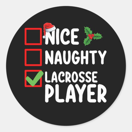 Leuke Ondeugende Lacrosse Speler Kerstlijst Ronde Sticker (Voorkant)