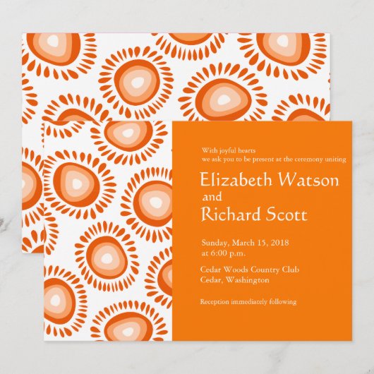 Leuke oranje funky bloemen huwelijksuitnodiging kaart (Voorkant / Achterkant)