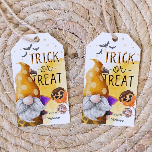 Leuke oranje kabouter waterverf trick or treat gun cadeaulabel