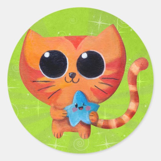 Leuke Oranje Kat met Ster Ronde Sticker (Voorkant)
