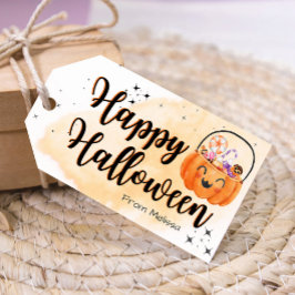 Leuke oranje pompoen waterverf trick or treat guns cadeaulabel