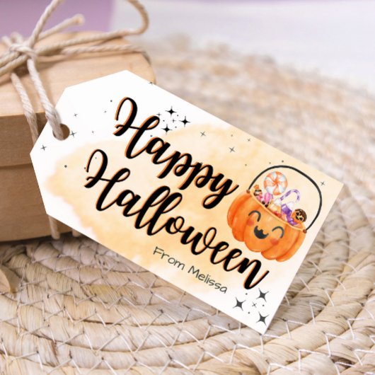 Leuke oranje pompoen waterverf trick or treat guns cadeaulabel