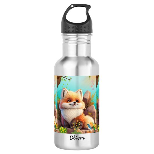 Leuke oranje vos Woodlands Floral gepersonaliseerd Waterfles (Voorkant)