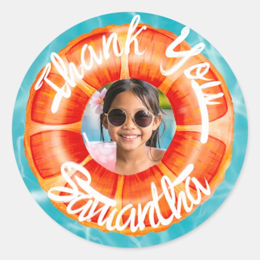 Leuke oranje zwembadfeest bedankt ronde sticker (Voorkant)