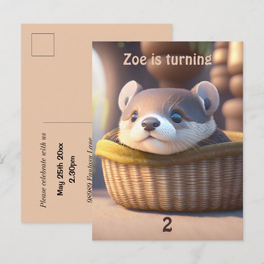 Leuke otter baby in een mand - Kids Verjaardag Uitnodiging Briefkaart (Voorkant / Achterkant)