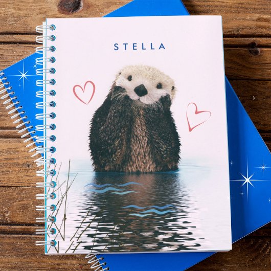 Leuke otter in vijver met roze achtergrond en hart notitieboek