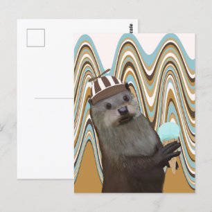 Leuke otter met ijs op wervelachtergrond briefkaart