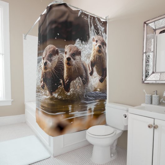 Leuke otters lopen in water Wildlife Animal Douchegordijn (In situ)