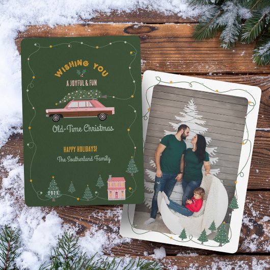 Leuke oude kerst roze retro auto boom foto feestdagenkaart