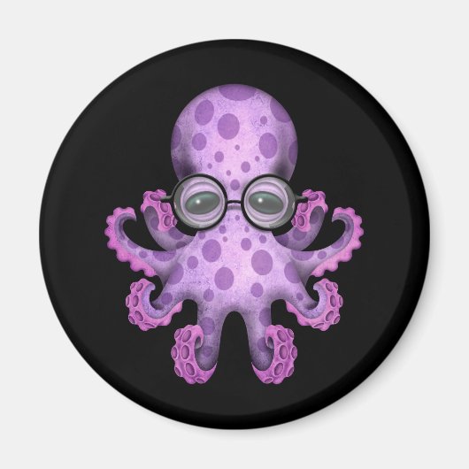 Leuke Paarse Baby Octopus Dragen Bril op Zwart Magneet (Voorkant)