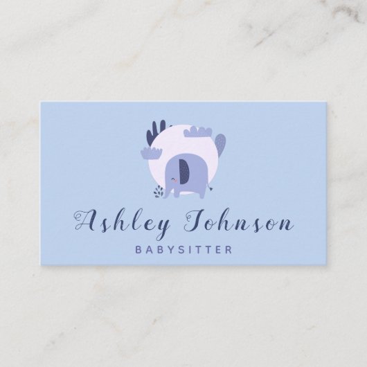 Leuke Paarse Baby Olifant Babysitting Theme Blauw Visitekaartje (Voorkant)