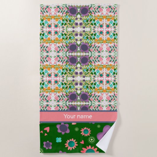 Leuke Paarse Bloemen Custom Name Pattern Trendy Strandlaken (Voorkant)