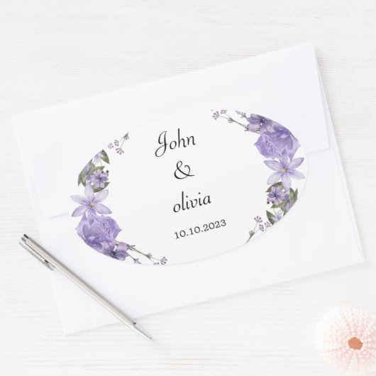 Leuke paarse bloemenbruiloft ovale sticker (Envelop)
