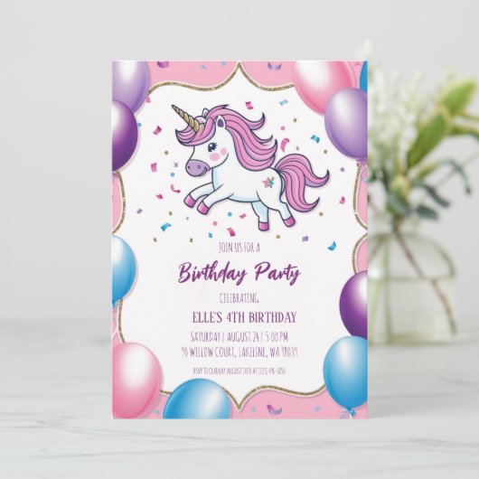 Leuke paarse eenhoorn verjaardagsuitnodigingen kaart (Staand voorkant)