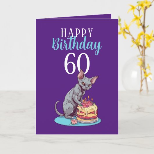 Leuke Paarse en Blauwe Sphynx Man 60e Verjaardag Kaart (Gele Bloem)