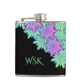 Leuke Paarse en Groene Bloemen Monogram Heupfles (Voorkant)
