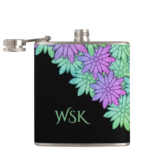 Leuke Paarse en Groene Bloemen Monogram Heupfles (Geopend)