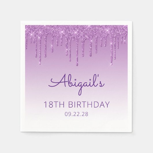 Leuke Paarse Glitter Drip 18e Verjaardagsfeest Servet (Voorkant)