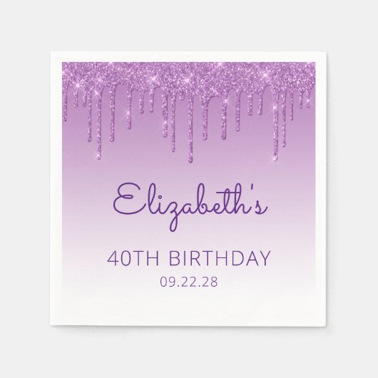 Leuke Paarse Glitter Drip 40ste Verjaardagsfeest Servet (Voorkant)