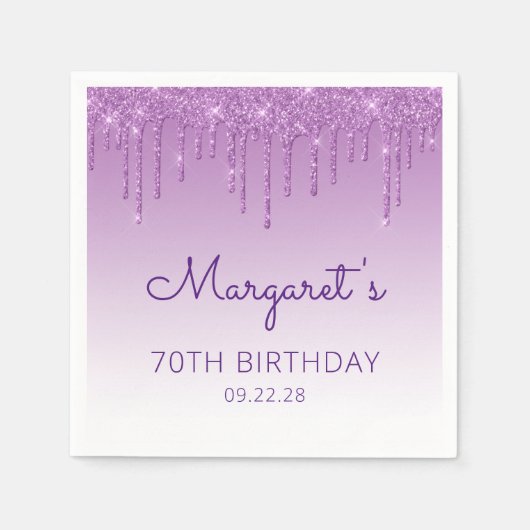Leuke Paarse Glitter Drip 70ste Verjaardagsfeest Servet (Voorkant)