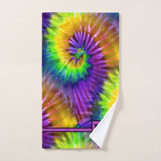Leuke Paarse Groene Oranje Retro Tie Dye Monogramm Bad Handdoek (Handdoek)