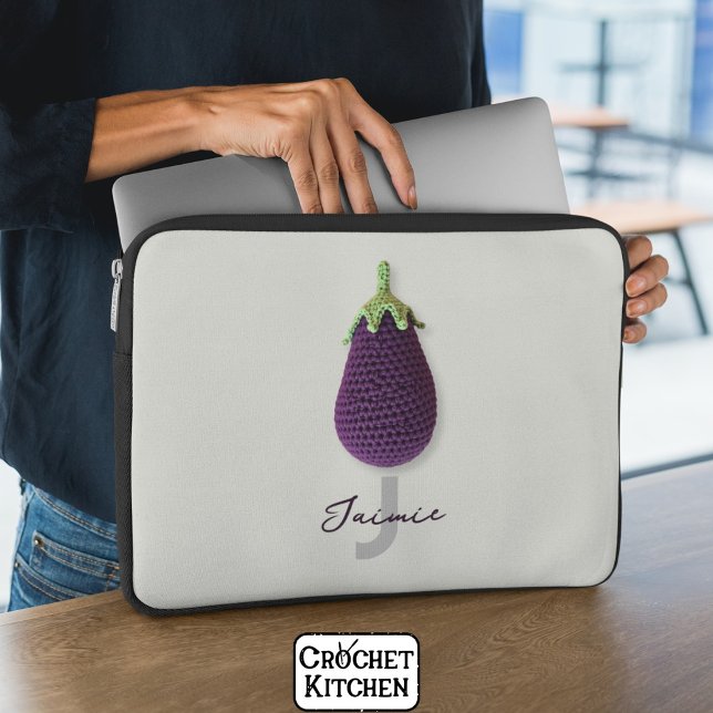 Leuke Paarse Moderne Minimal Haak Aubergine Naam Laptop Sleeve (Creator heeft geüpload)
