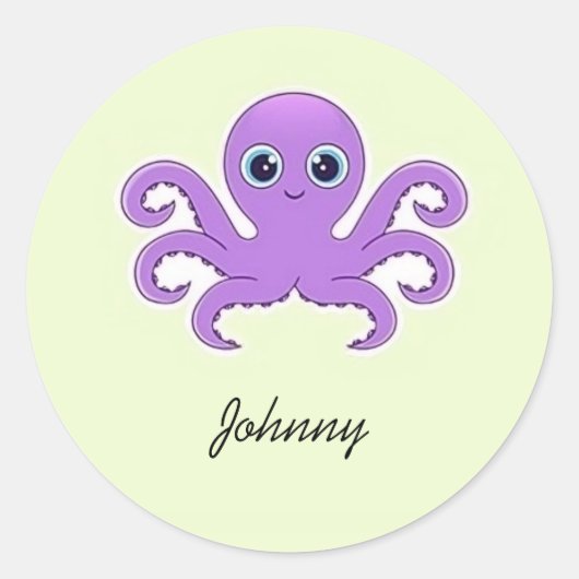 Leuke paarse octopus groen ronde sticker (Voorkant)