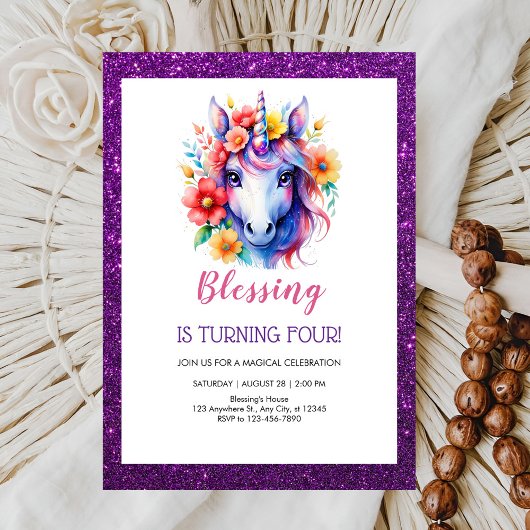 Leuke paarse rode glitter Eenhoorn Verjaardag Kaart