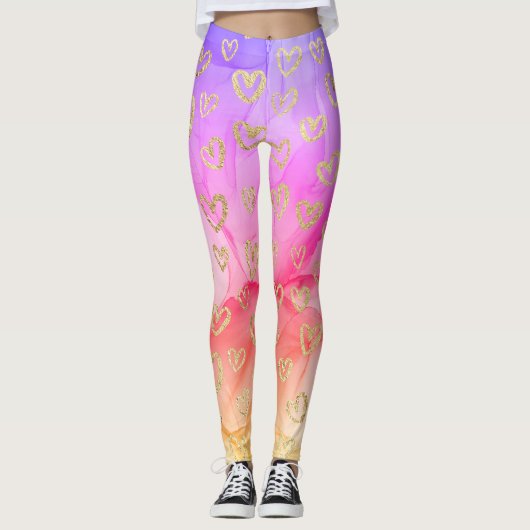 Leuke Paarse roze gele faux Folie gouden harten Leggings (Voorkant)