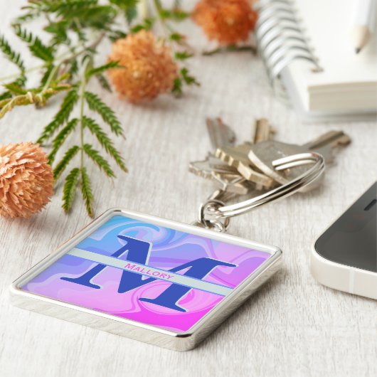 Leuke Paarse Swirl Monogram Initiaal Moderne naam Sleutelhanger (Zijkant)