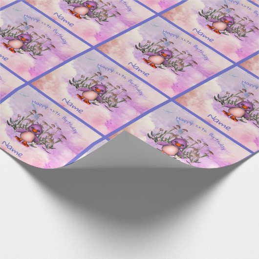 Leuke Paarse Vogel Daisy Gepersonaliseerde Verjaar Cadeaupapier (Hoek)