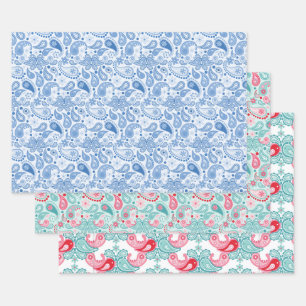 Leuke Paisley patronen Blauw Turkoois Rood Inpakpapier Vel