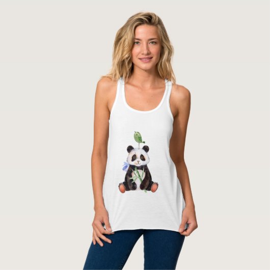 Leuke Panda Beer & Vogel Waterverf Tanktop (Volledige Voorkant)