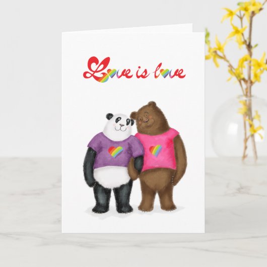 Leuke panda en bruin beer 'love is love' kaart (Gele Bloem)