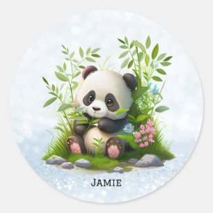 Leuke Panda gepersonaliseerd roze bloemenbamboe Ronde Sticker