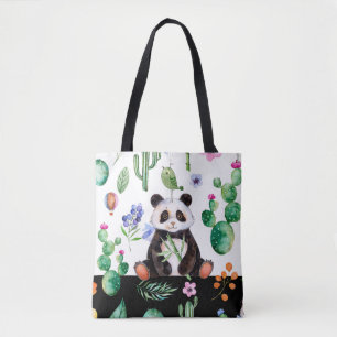 Leuke panda met groene vogel & cactus patroon tote bag