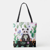 Leuke panda met groene vogel & cactus patroon tote bag (Achterkant)