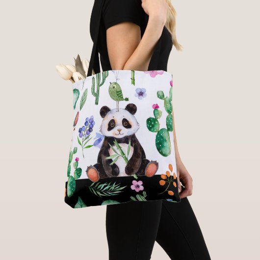 Leuke panda met groene vogel & cactus patroon tote bag (Dichtbij)
