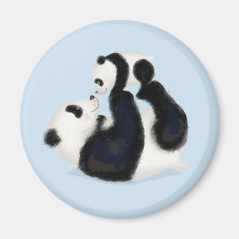 Leuke panda moeder en welp ronde magneet (blauw)
