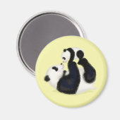 Leuke panda moeder en welp ronde magneet (geel) (Voorkant / Achterkant)