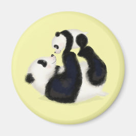 Leuke panda moeder en welp ronde magneet (geel)