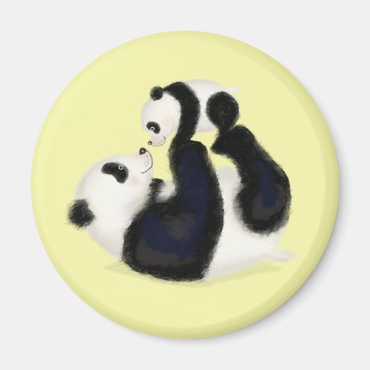 Leuke panda moeder en welp ronde magneet (geel) (Voorkant)