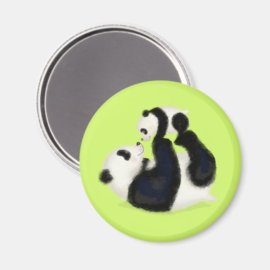Leuke panda moeder en welp ronde magneet (limoen) (Voorkant / Achterkant)