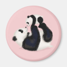 Leuke panda moeder en welp ronde magneet (roze)