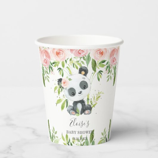 Leuke Panda Pink Bloemen Bamboe Baby shower Verjaa Papieren Bekers (Achterkant)