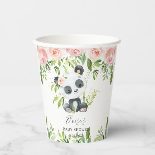 Leuke Panda Pink Bloemen Bamboe Baby shower Verjaa Papieren Bekers (Voorkant)