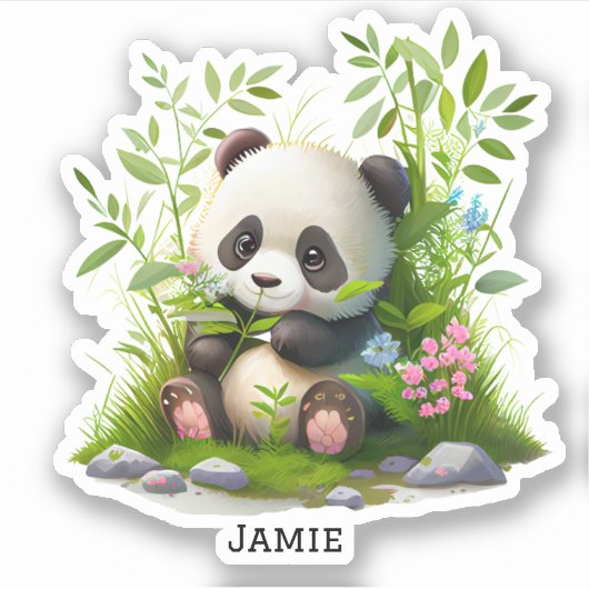 Leuke Panda Roze Bloemen Bamboe Custom Cut Vinyl Sticker (Voorkant)