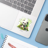 Leuke Panda Roze Bloemen Bamboe Custom Cut Vinyl Sticker (Laptop met iPhone)