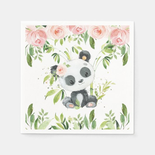 Leuke Panda Roze Bloemen Groen Baby shower Party Servet (Voorkant)