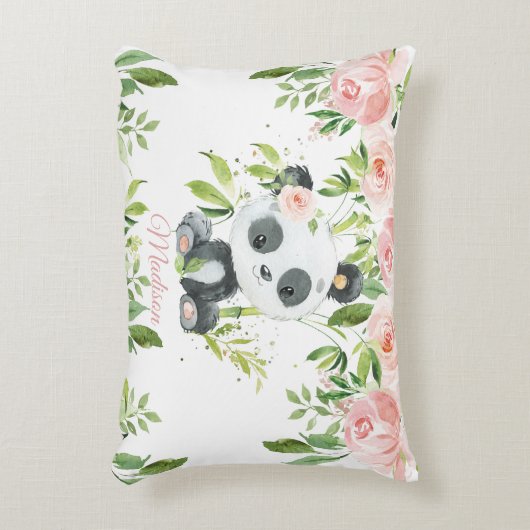 Leuke Panda Roze Bloemen Groen Bamboe Accent Kussen (Voorkant(Verticaal))